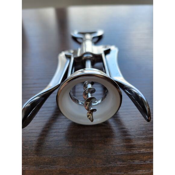 Silver Corkscrew Wine Bottle Opener w/Fins - Push Down - Used - Italy - Picture 4 of 10